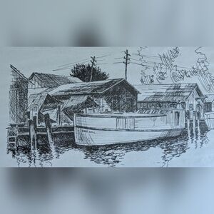 Vintage Hand Drawn Pen & Ink “Fishtown Legend” Boat Dock Scene Signed – Nautical